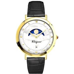 Ferragamo Logomania  Moon Phase Women's Watch Gold Tone Hardware Black Leather